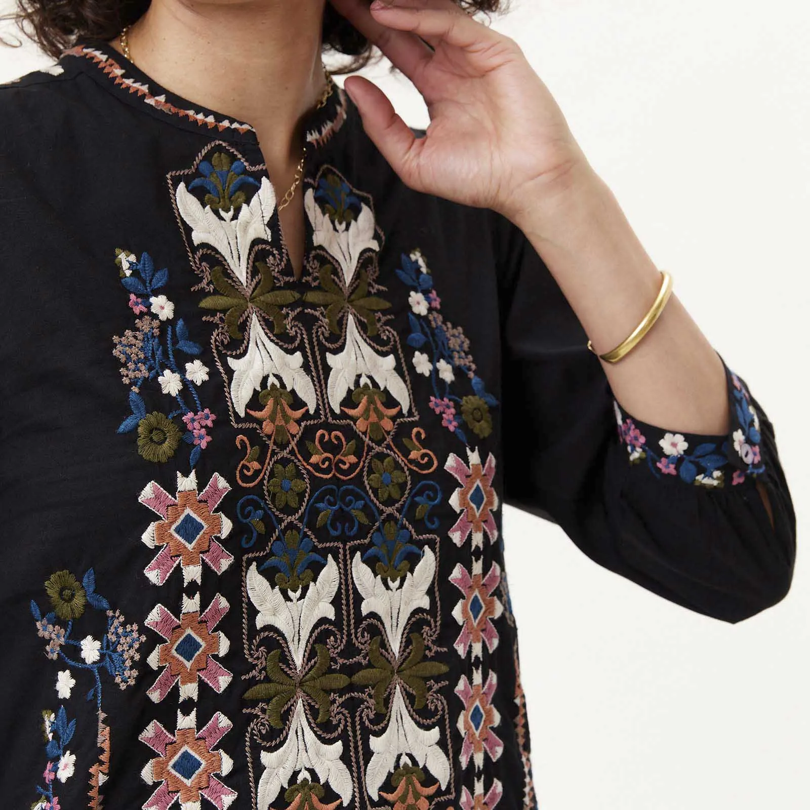 Black Banded Collar Embroidered Tunic