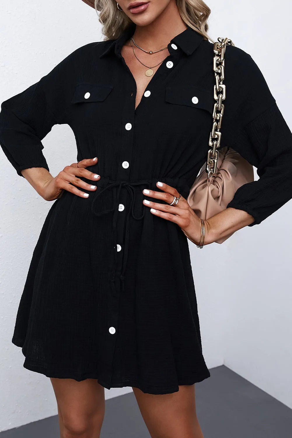 Black Collared Tunic Shirt Dress