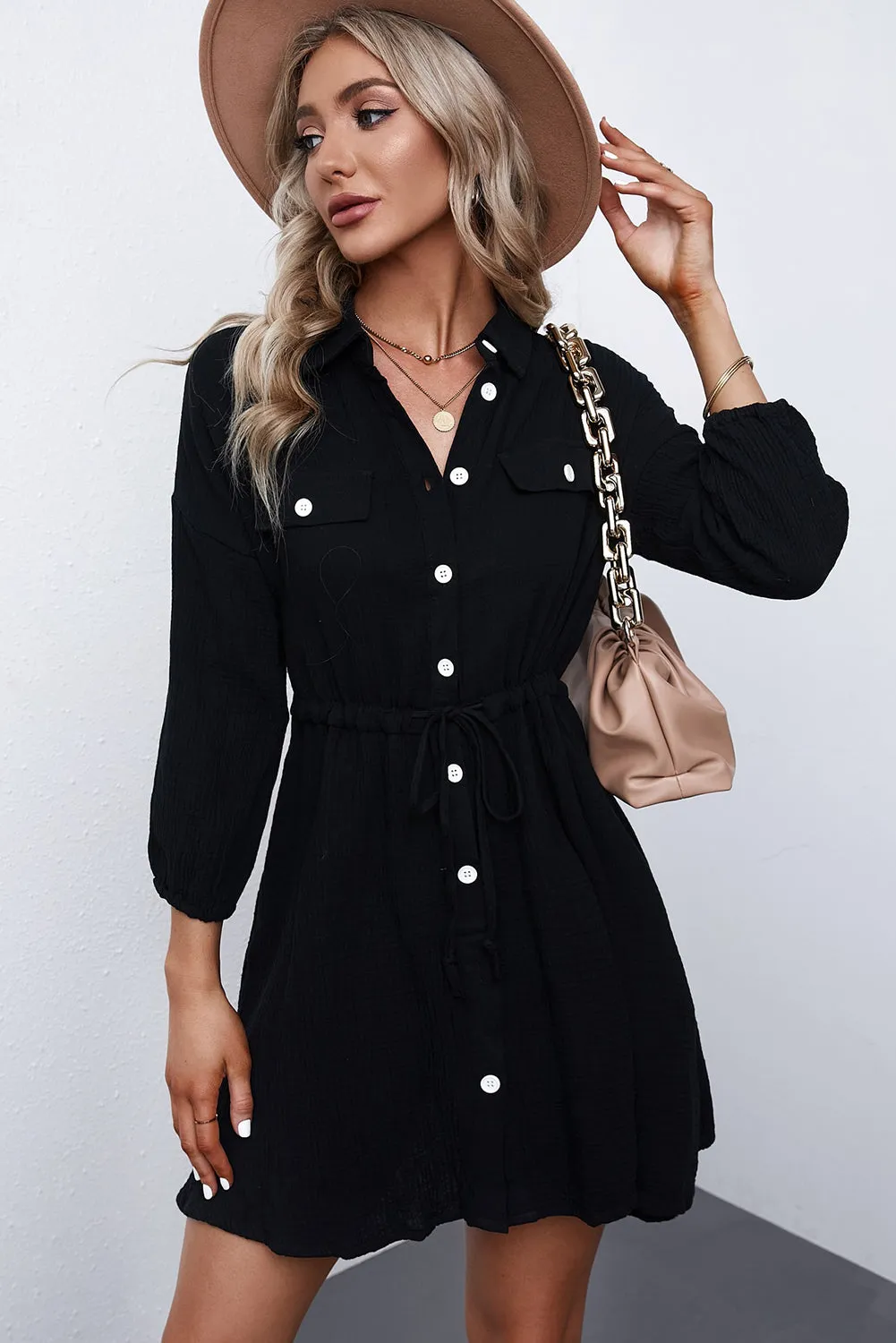 Black Collared Tunic Shirt Dress