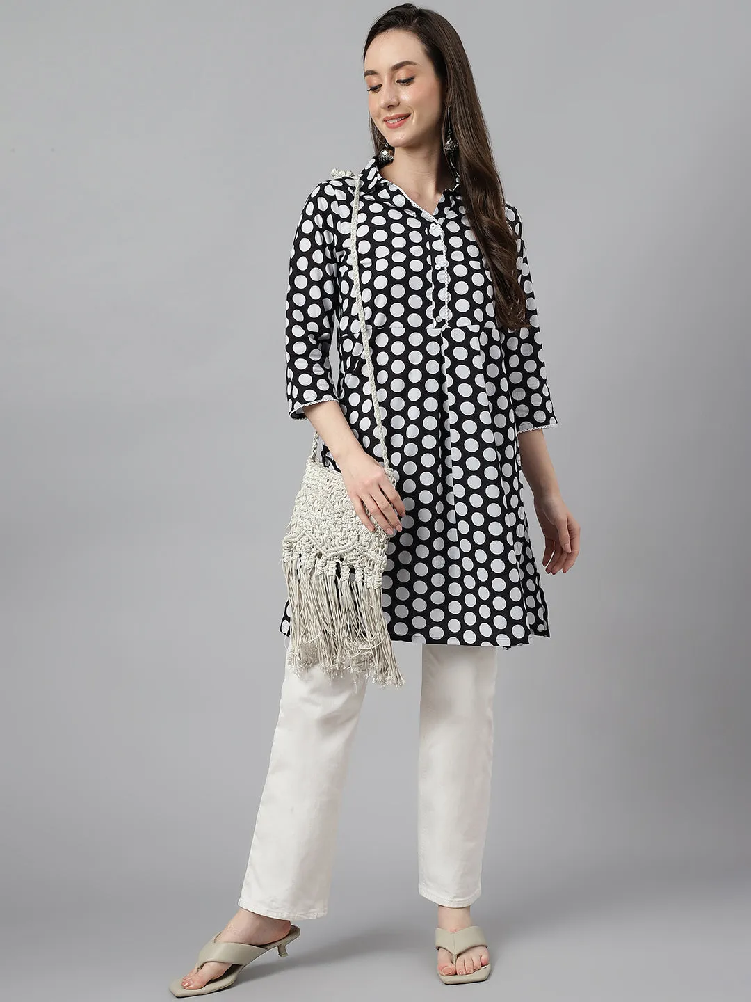 Black Cotton Polka Print A-Line Tunic