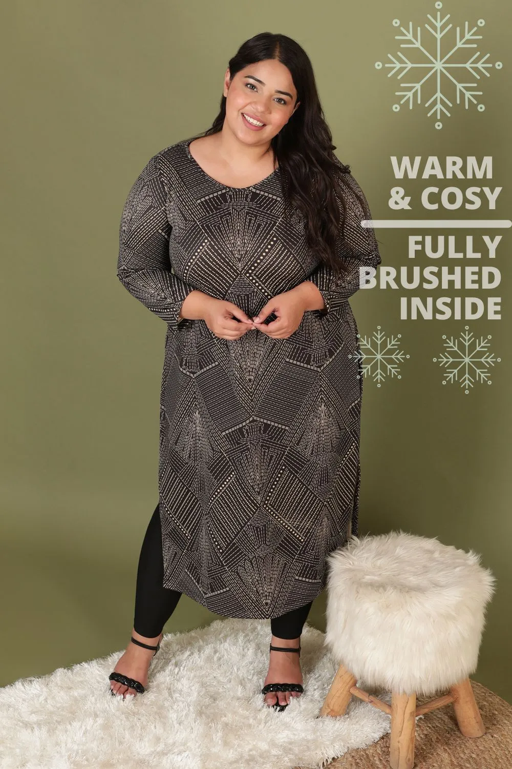 Black Printed Cleopatra Woolen Winter Kurti