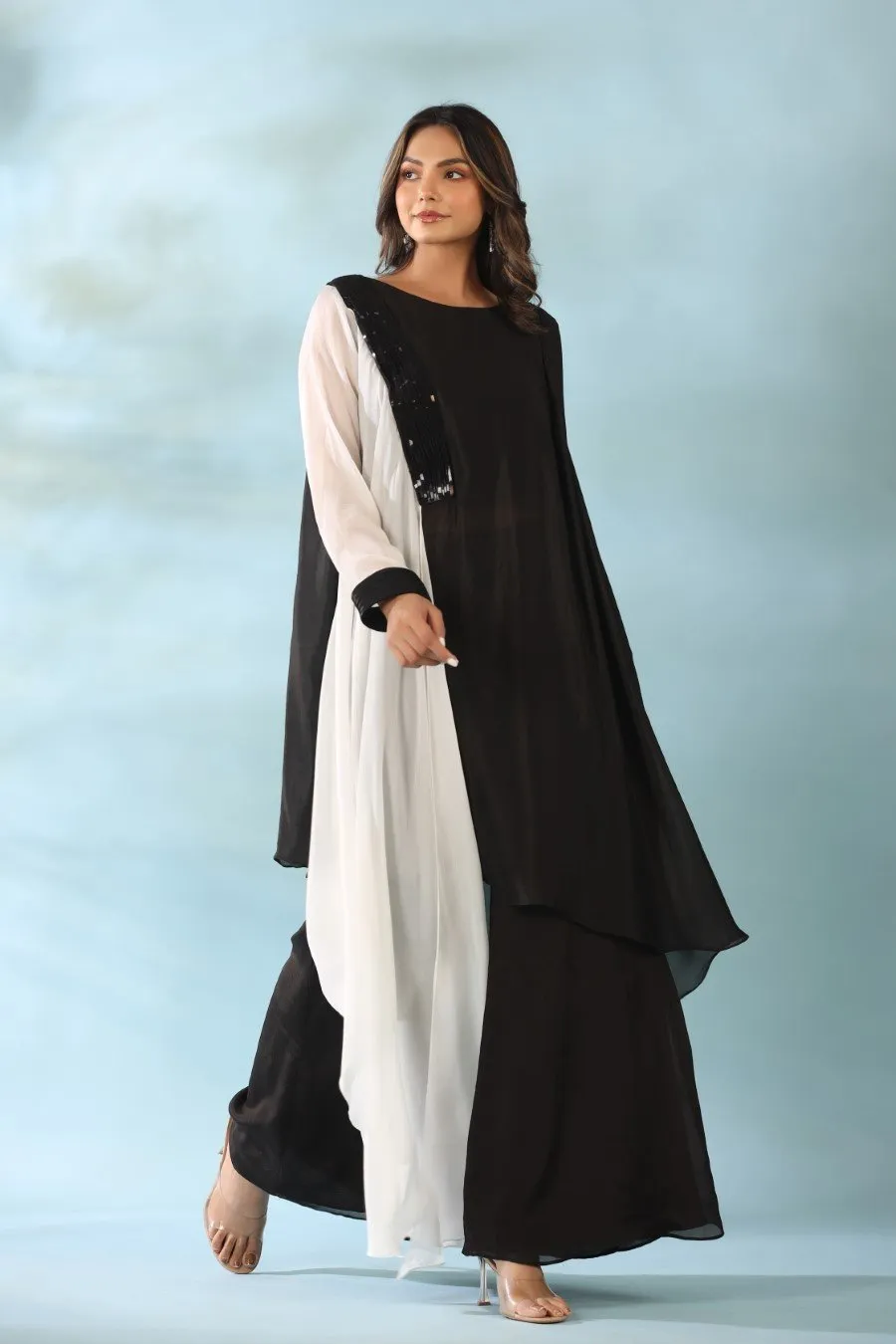 Black Sequin Sculpted Tunic with Palazzo