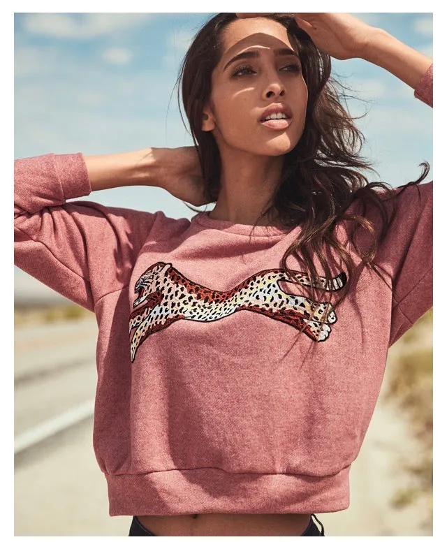 Cheetah Applique Rose Brushed Fleece Sweatshirt * also available in H. Grey