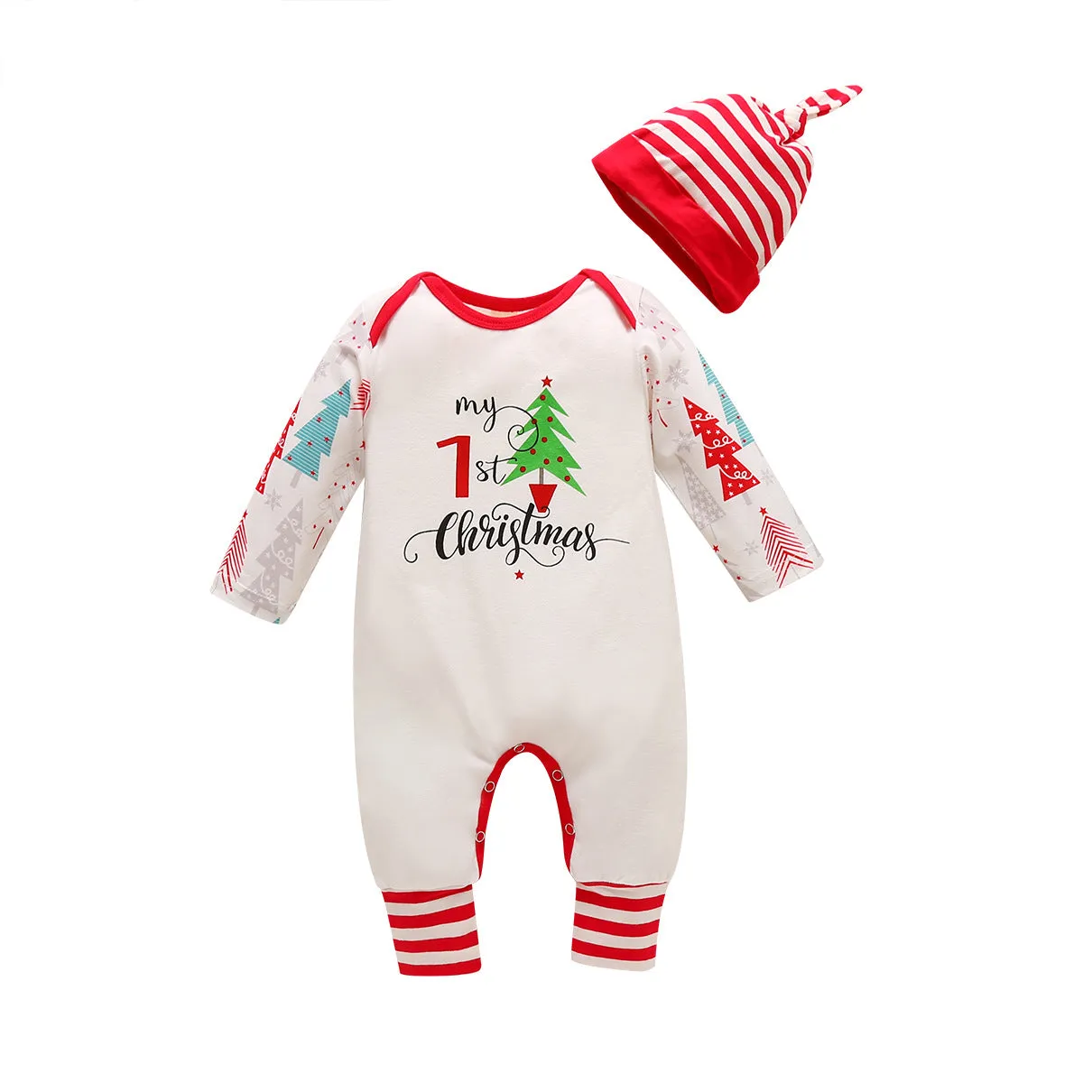 Christmas Day Models Striped Christmas Tree Boys and Girls Jumpsuit Hat