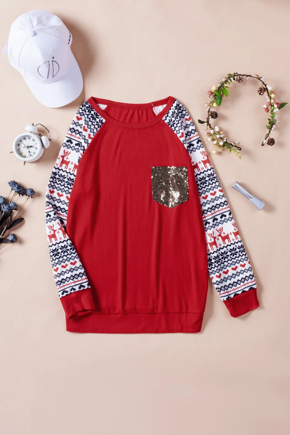 Christmas T-Shirt Pullover Long Sleeve Sequin Pocket RaglanTop