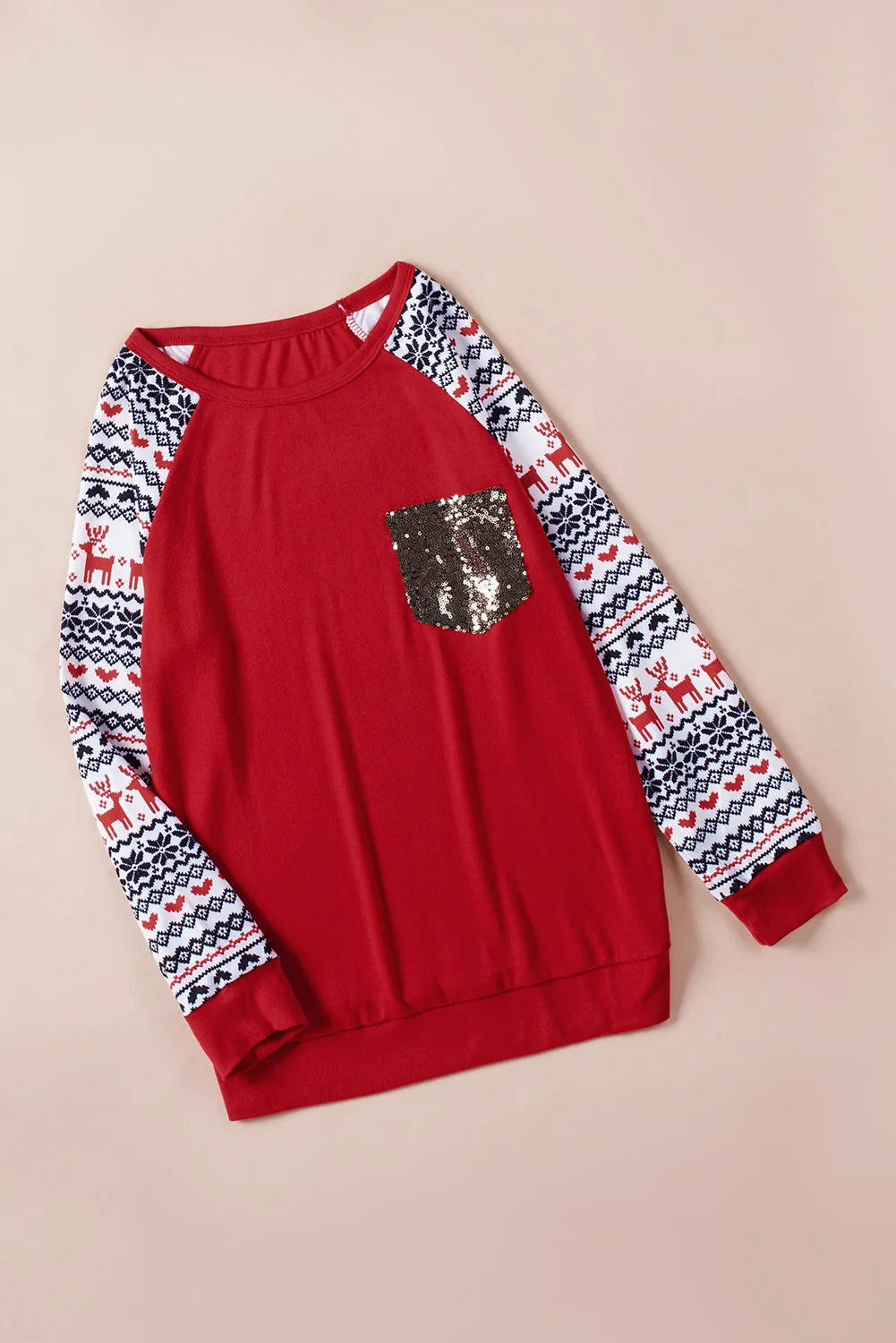 Christmas T-Shirt Pullover Long Sleeve Sequin Pocket RaglanTop