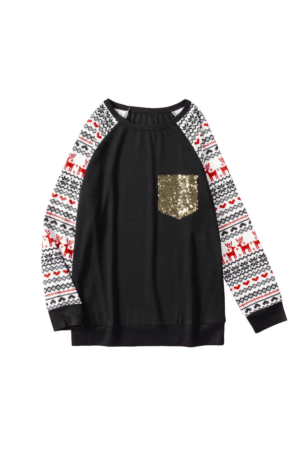 Christmas T-Shirt Pullover Long Sleeve Sequin Pocket RaglanTop