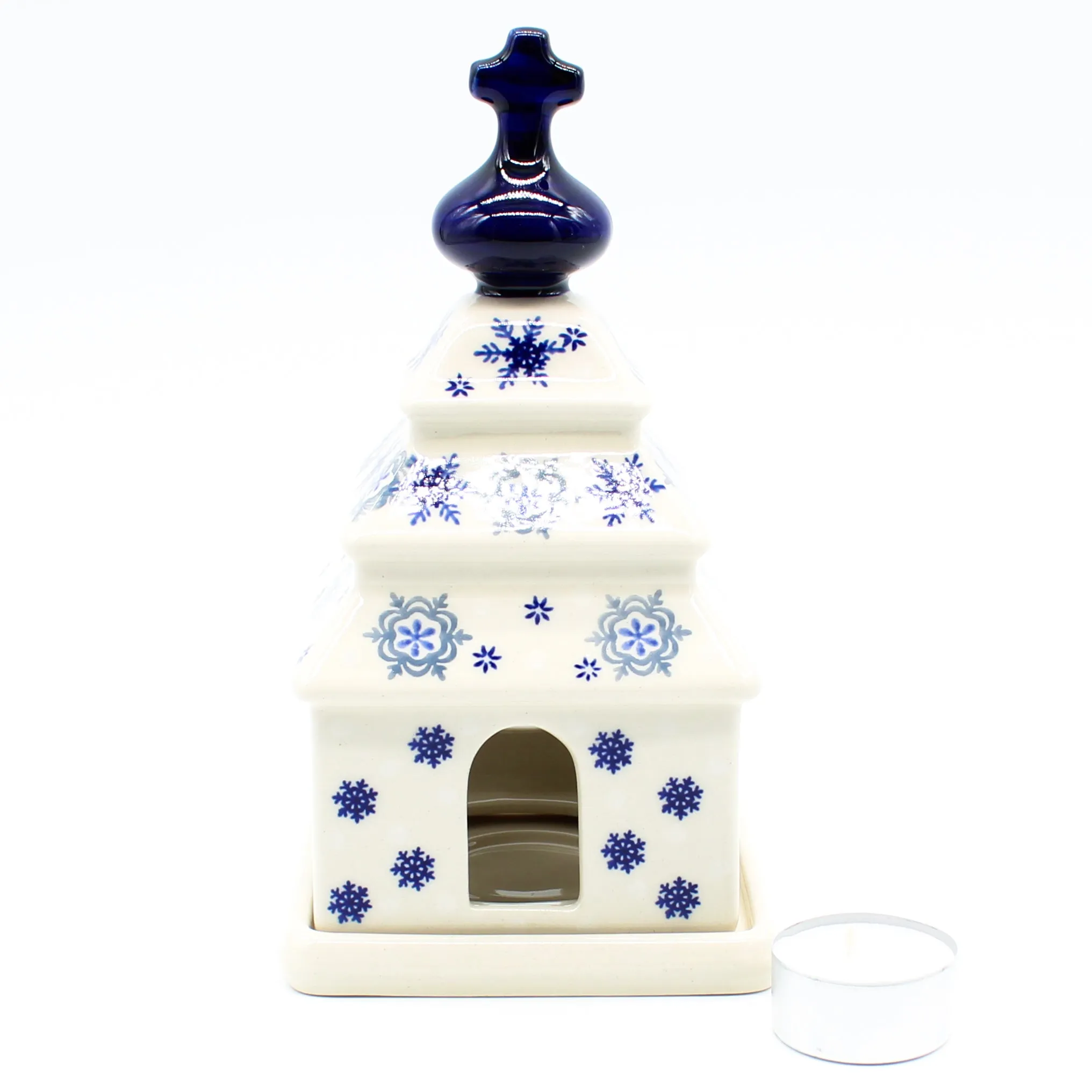 Church Tea Candle Holder in Blue Winter