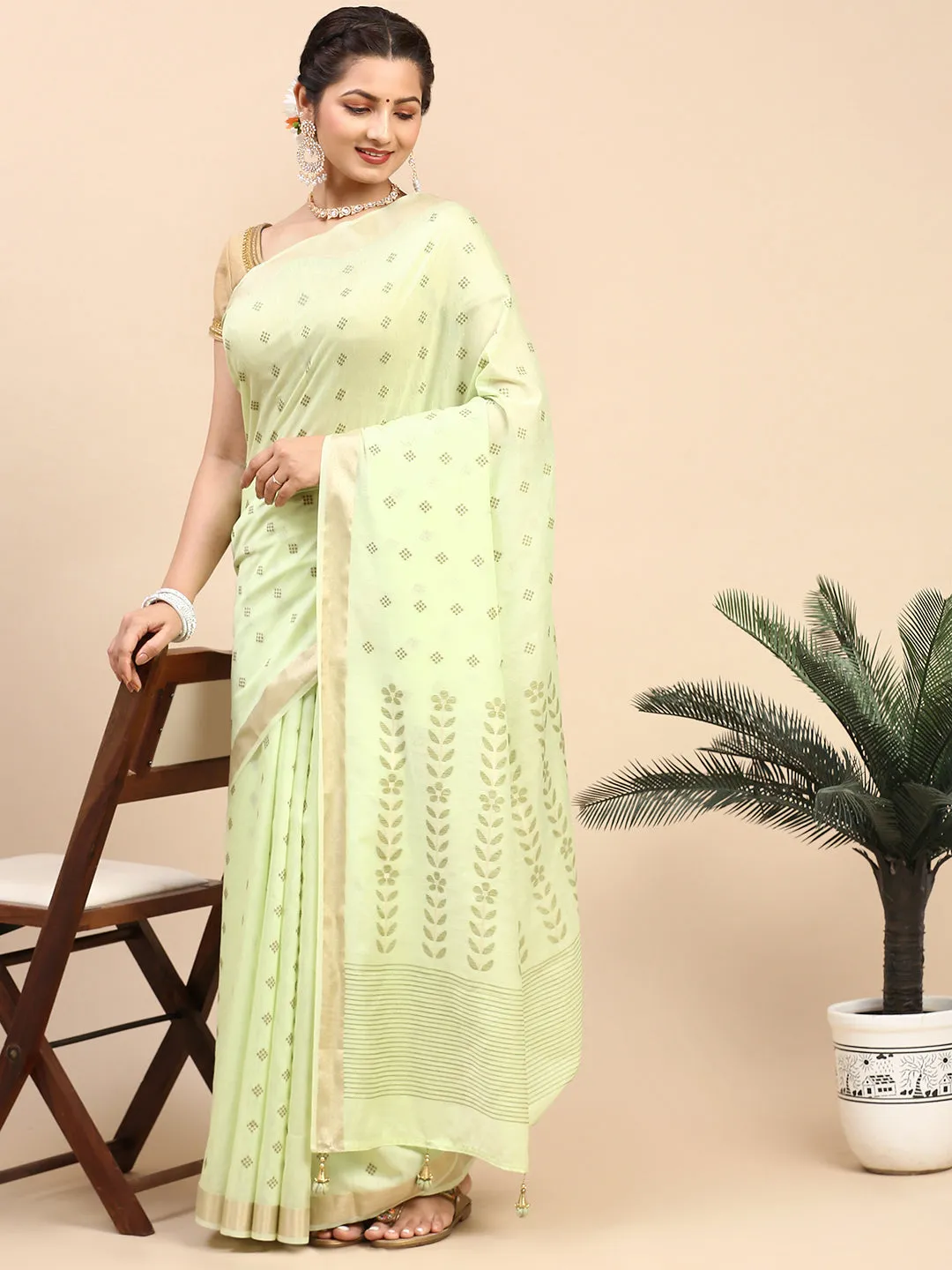 Couple Combo Full Sleeves Shirt & Weaving Saree Green SL154