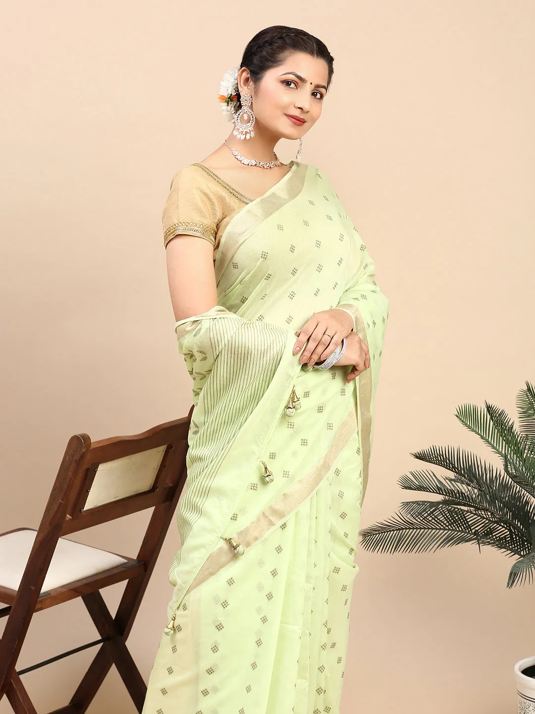 Couple Combo Full Sleeves Shirt & Weaving Saree Green SL154