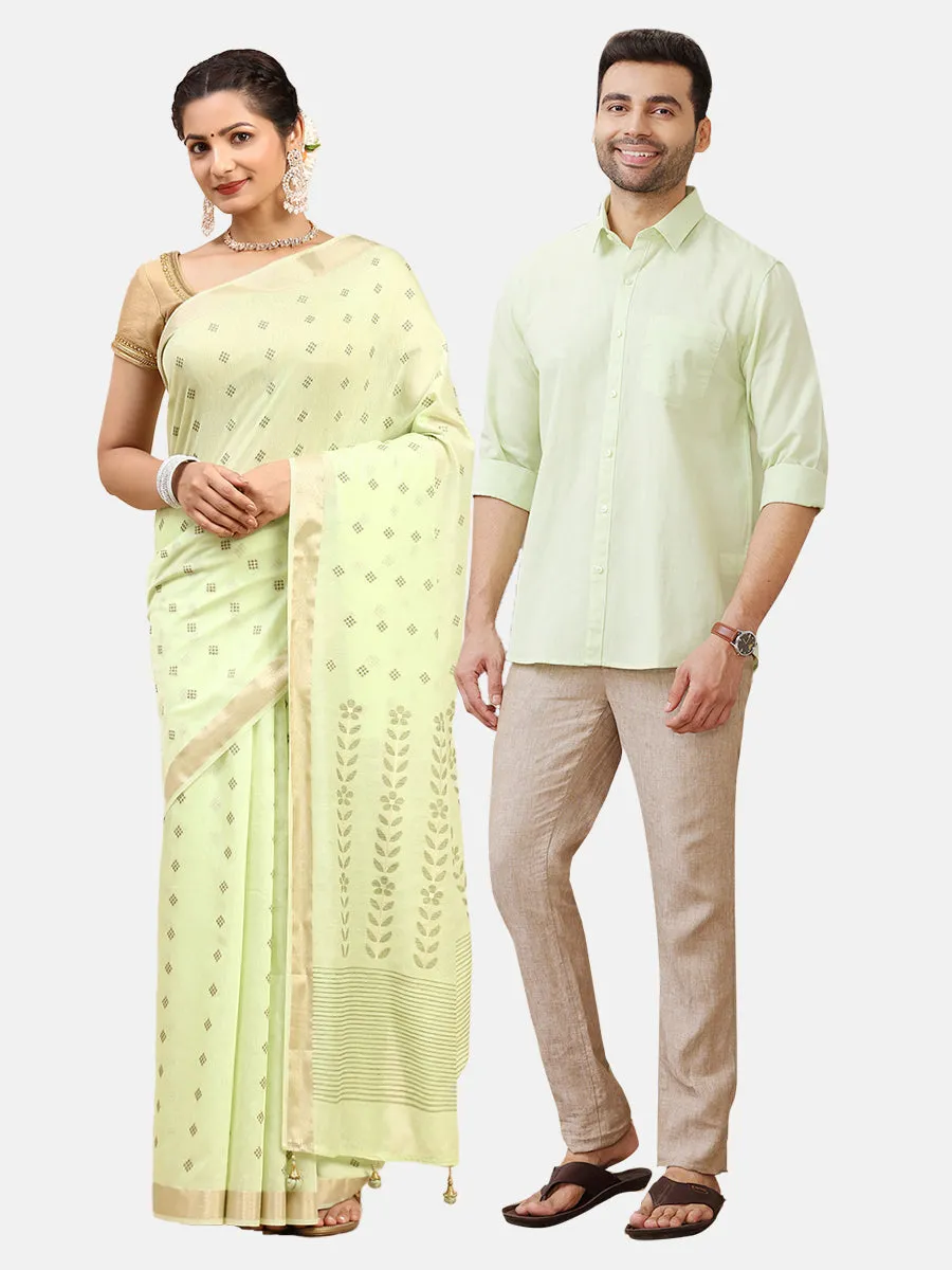 Couple Combo Full Sleeves Shirt & Weaving Saree Green SL154