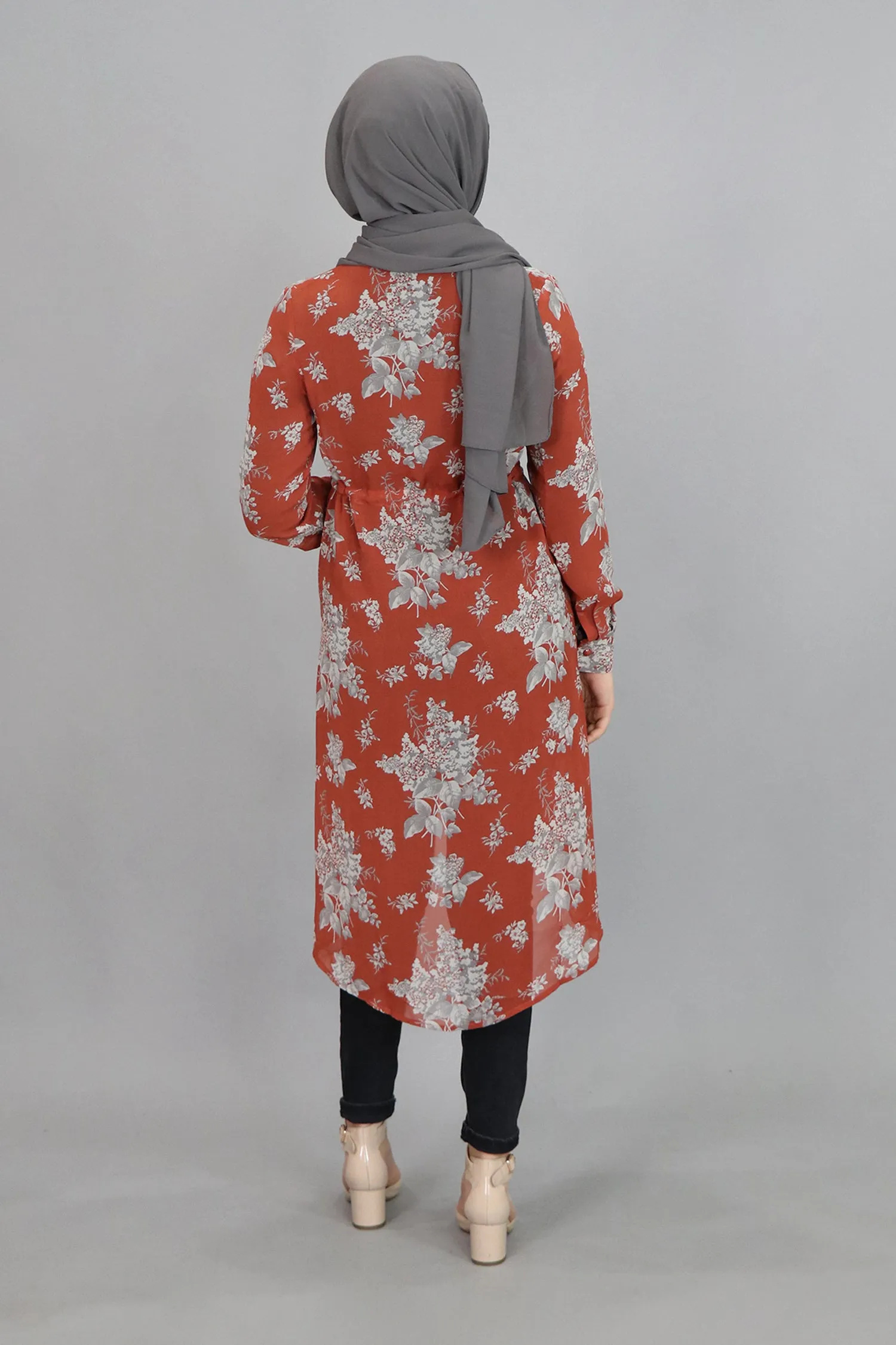 Dark Orange Floral Buttoned-Down Tunic