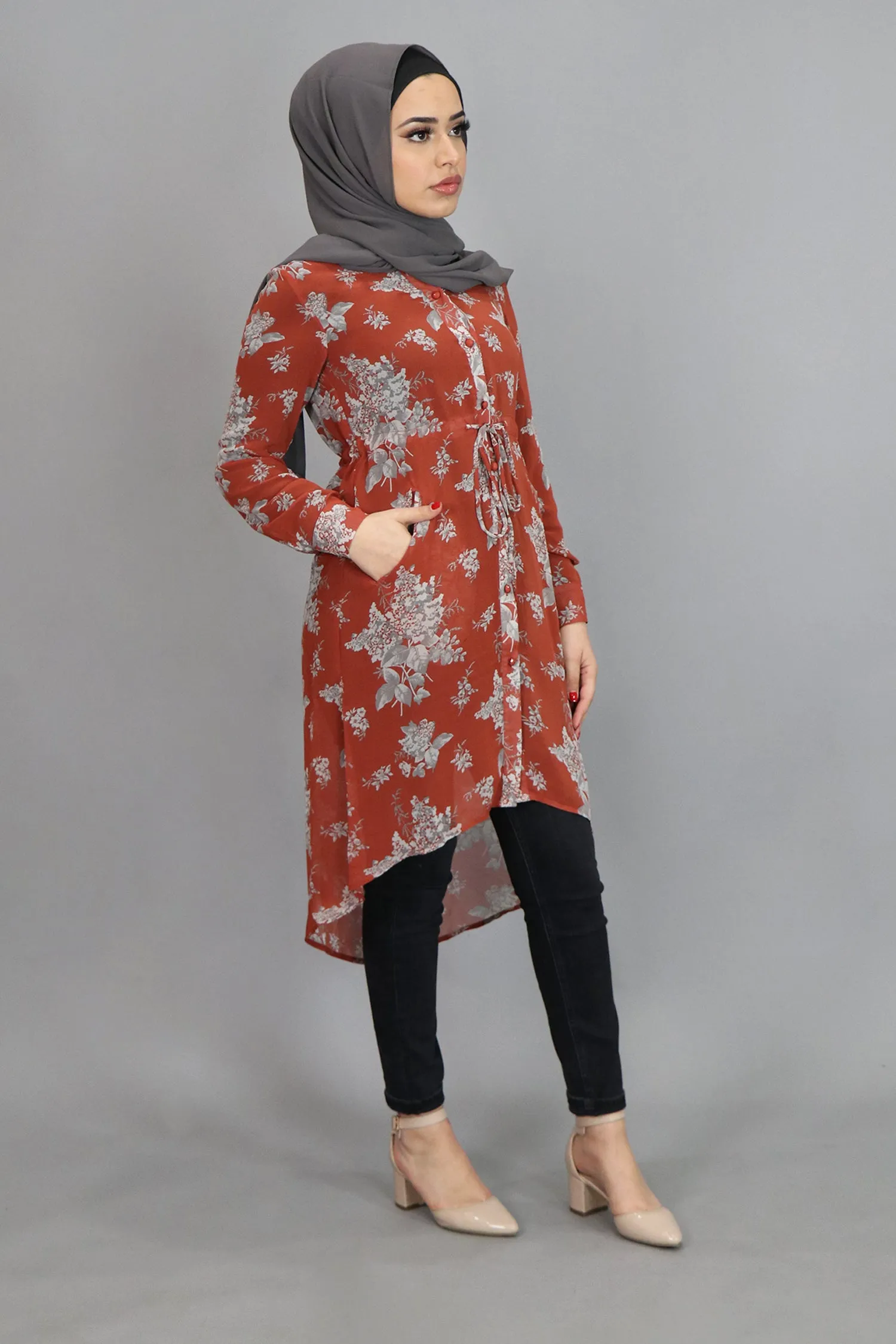 Dark Orange Floral Buttoned-Down Tunic