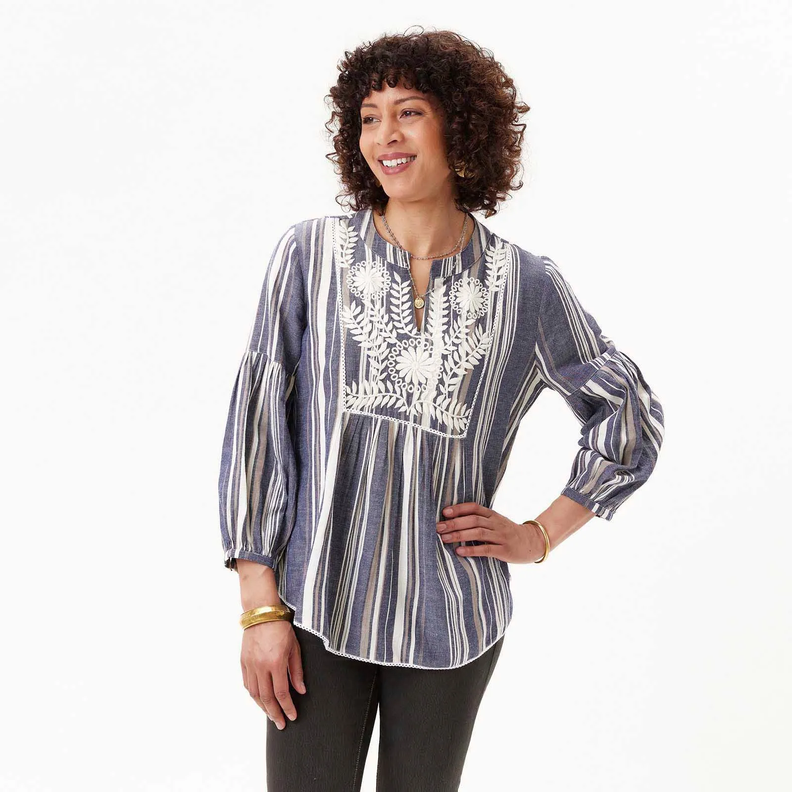 Embroidered Flattering Tunic with Woven Multi Stripe