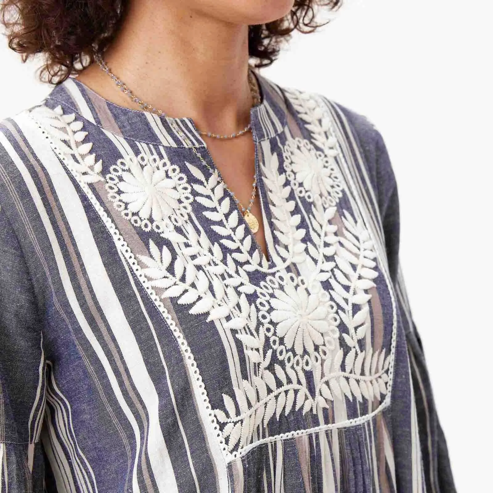 Embroidered Flattering Tunic with Woven Multi Stripe