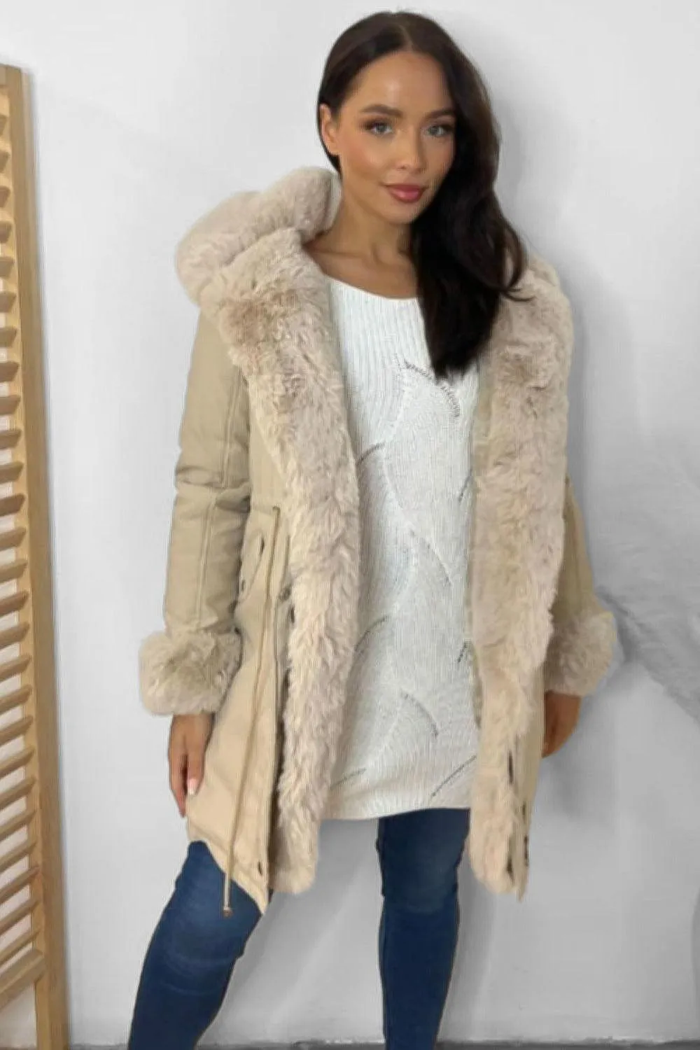 Faux Fur Lining Drawstring Waist Winter Jacket