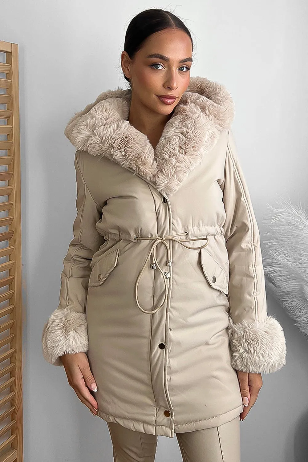 Faux Fur Lining Drawstring Waist Winter Jacket