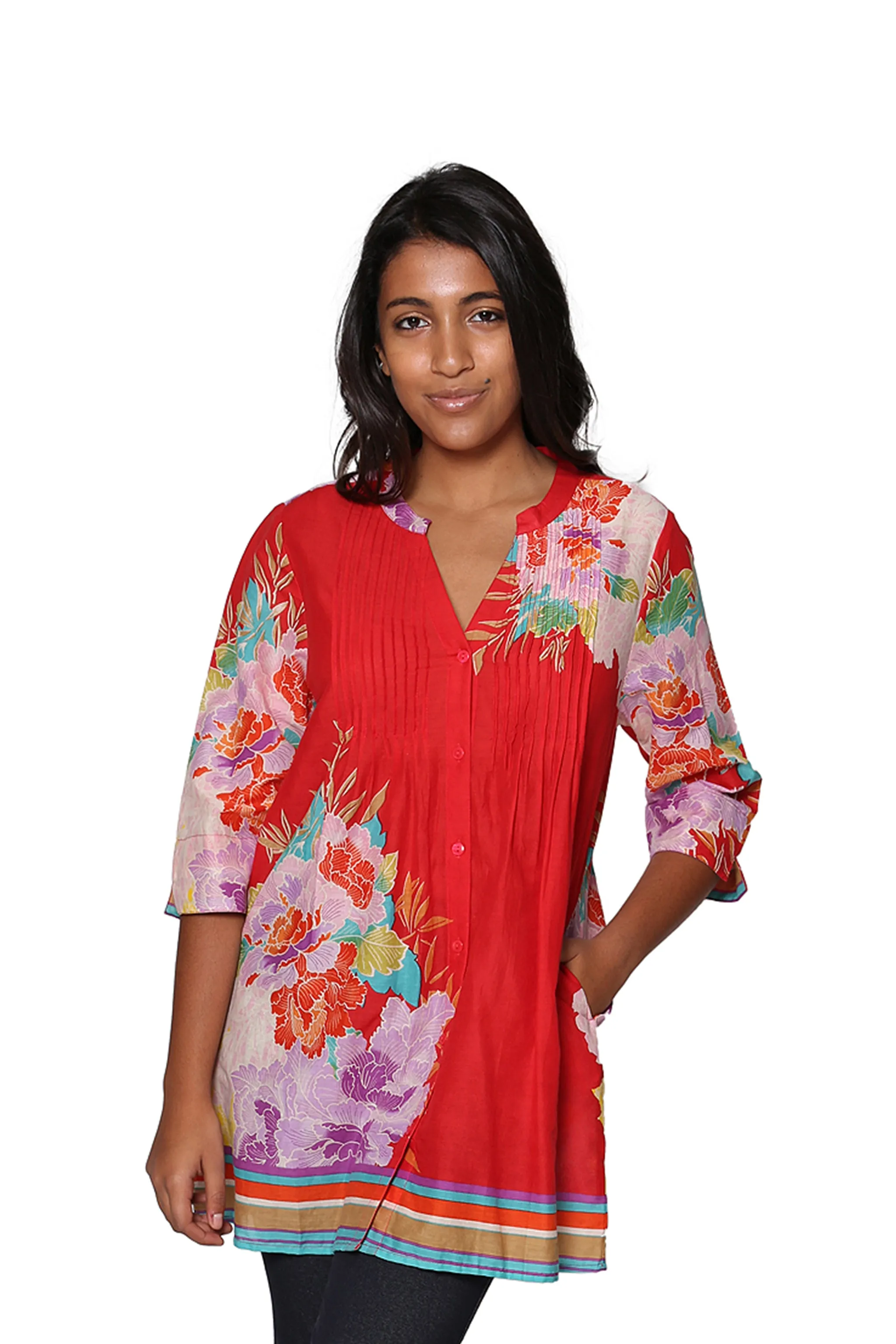 Floral Border Print Tunic with Release Pleats