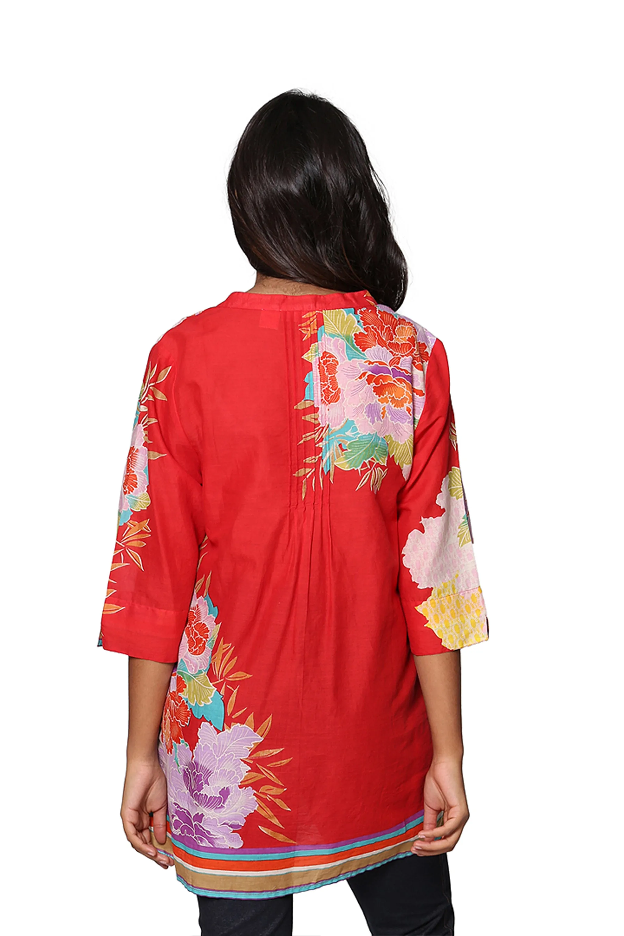 Floral Border Print Tunic with Release Pleats