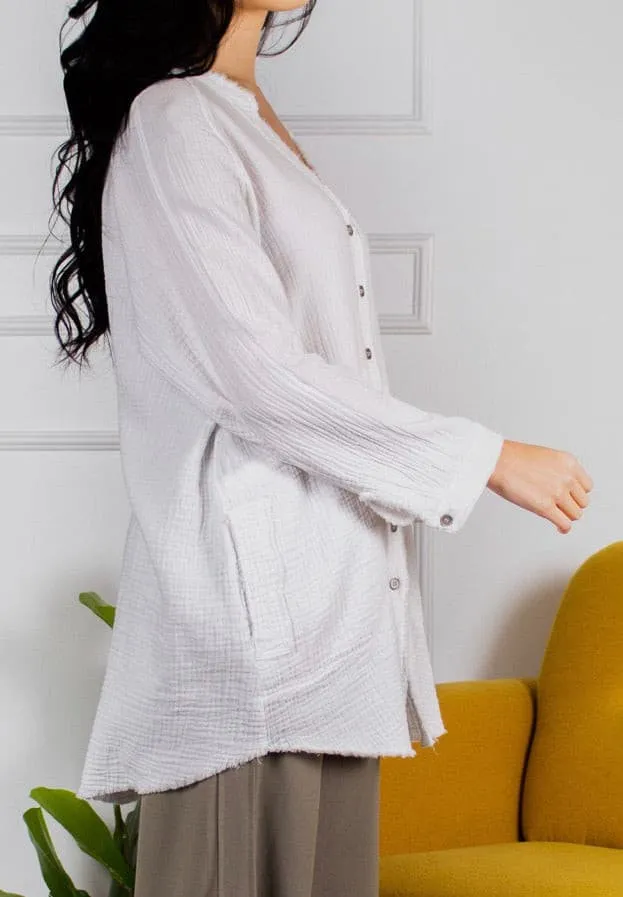 Gauze Button Down Tunic w/Raw Edge- Off White