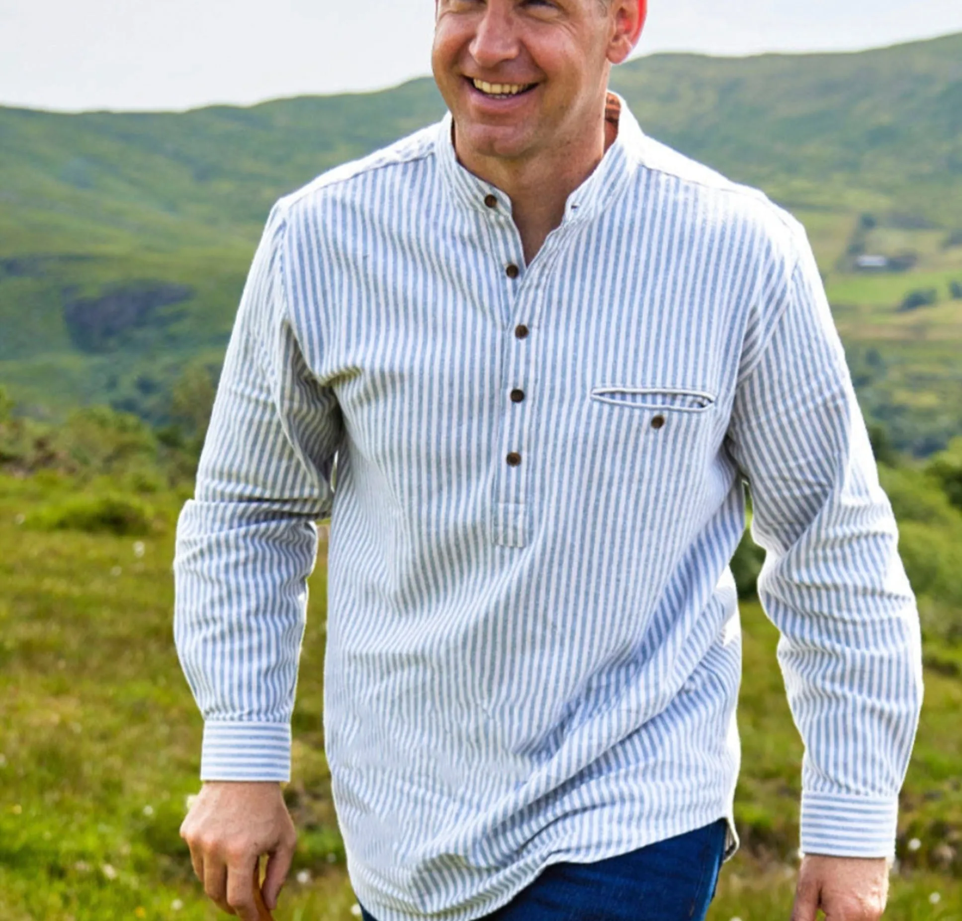 Green & Cream Stripe Cotton Grandfather Shirt