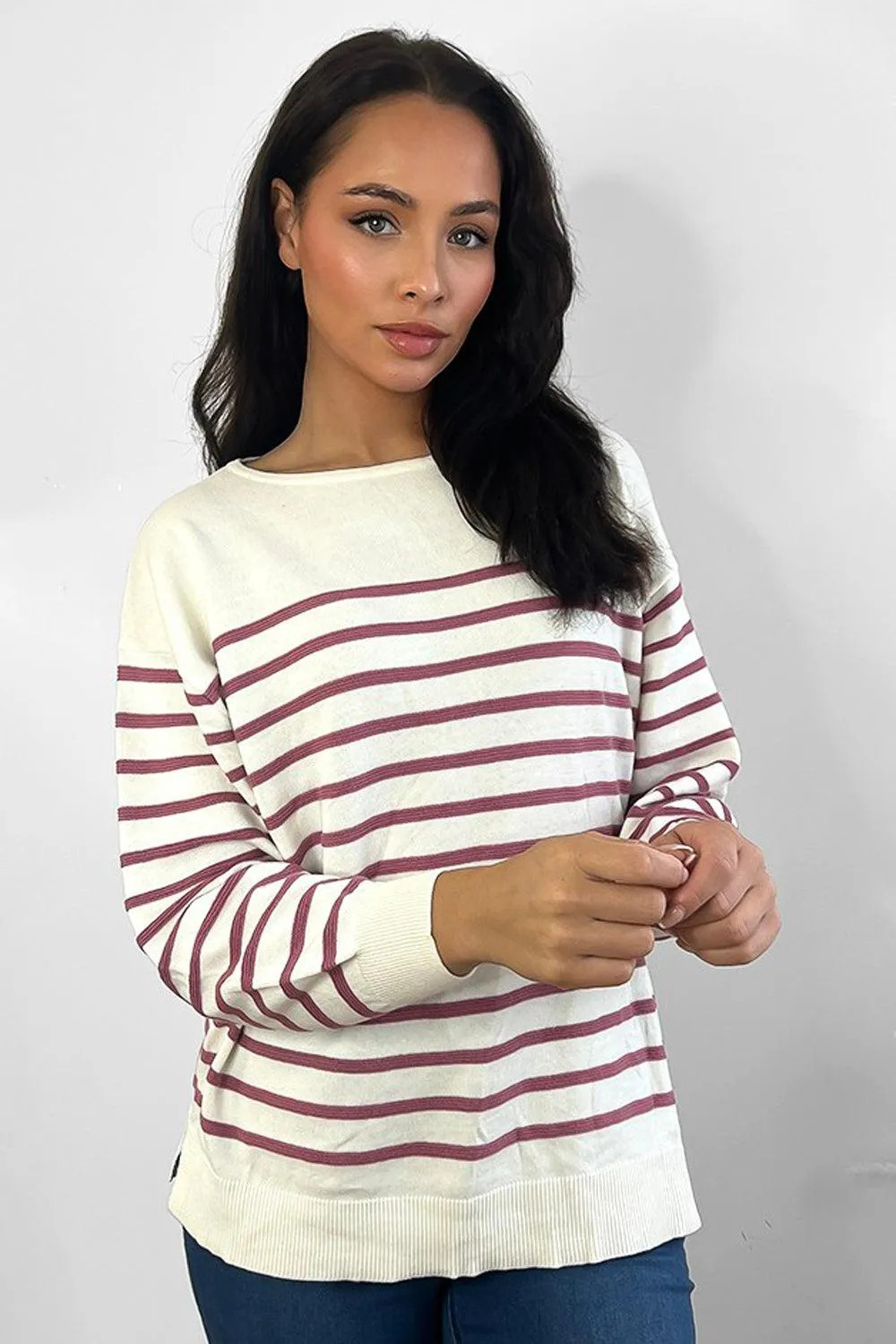 Half Striped Scoop Neck Pullover