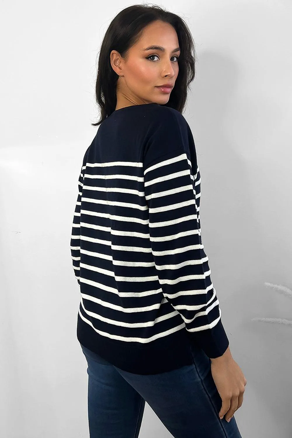 Half Striped Scoop Neck Pullover