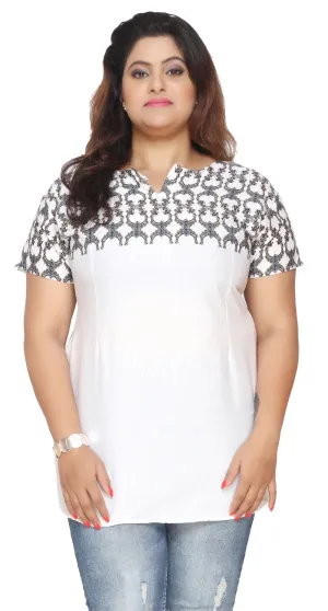 India Tunic Top Kurti Womens Printed Plus Size Indian Clothes (White-Grey)