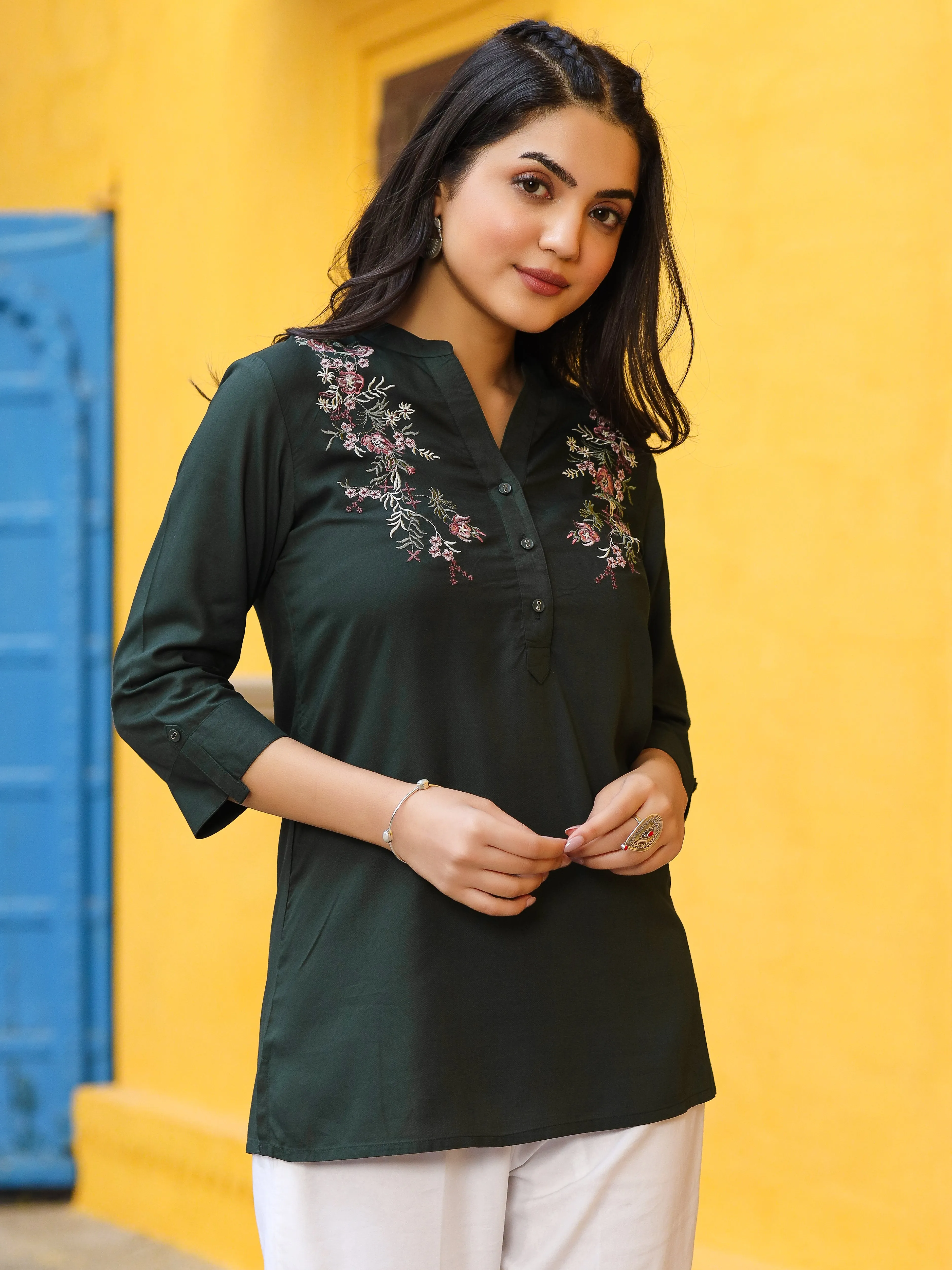 Juniper Green Modal Rayon Embroidered Tunic