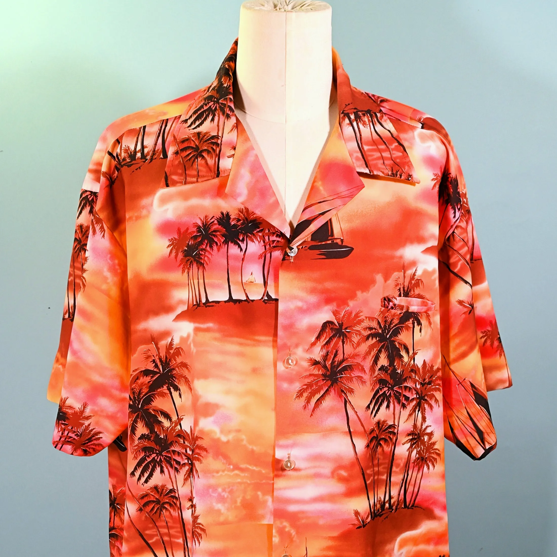 Kai Nani Vintage 70s Hawaiian Shirt, Bright Sunset Silhouette Aloha Shirt 2-3XL