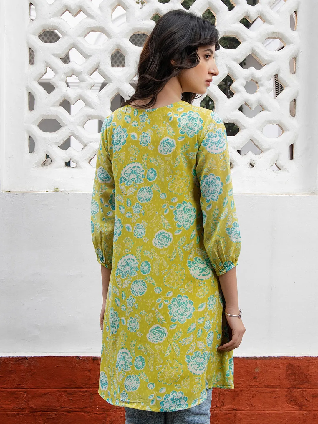 Lime Yellow Georgette Floral Tunic