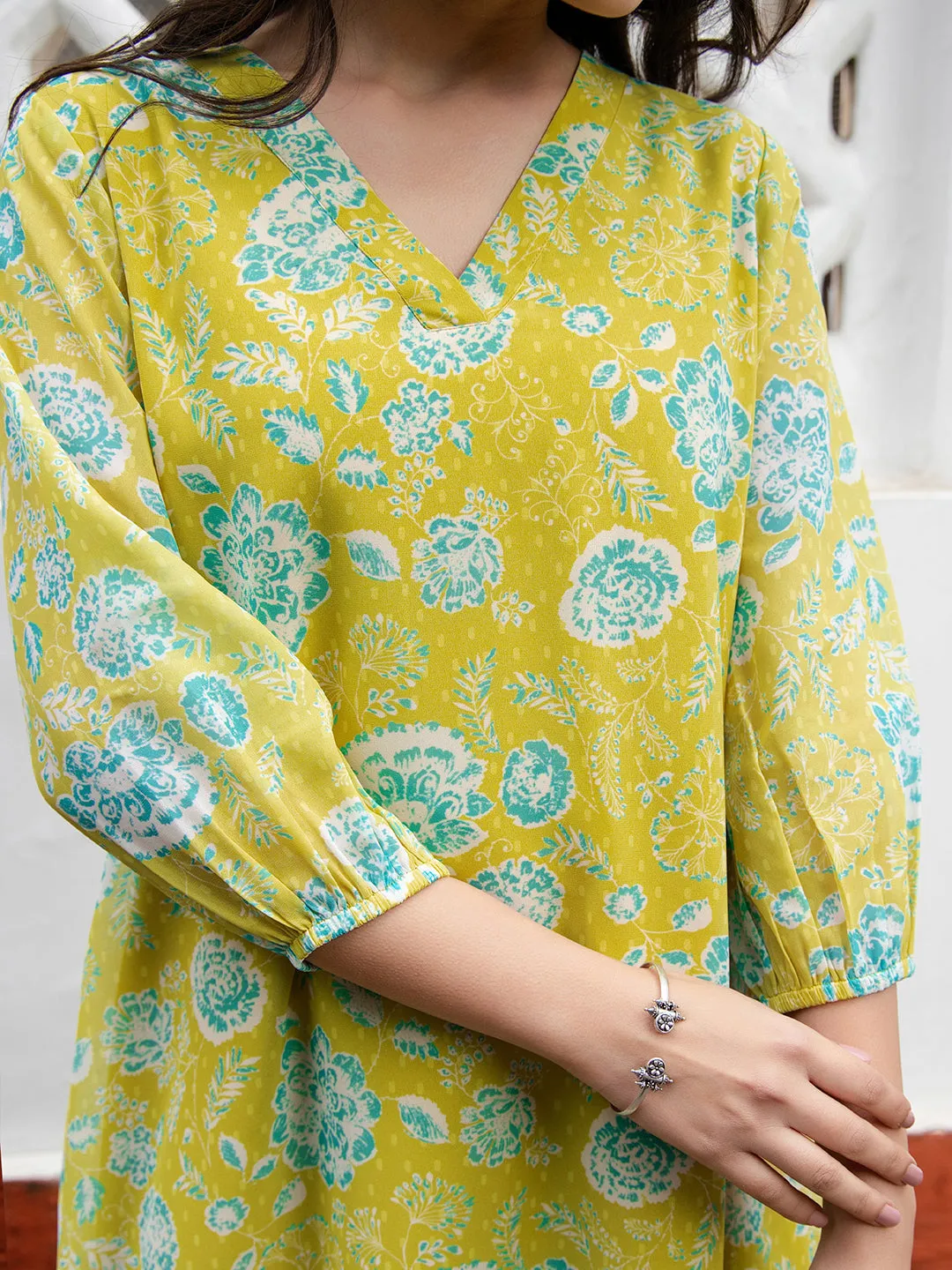 Lime Yellow Georgette Floral Tunic