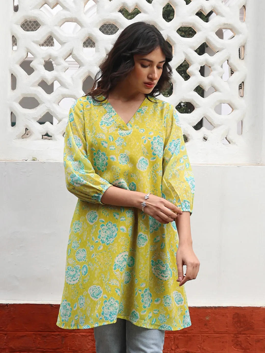 Lime Yellow Georgette Floral Tunic