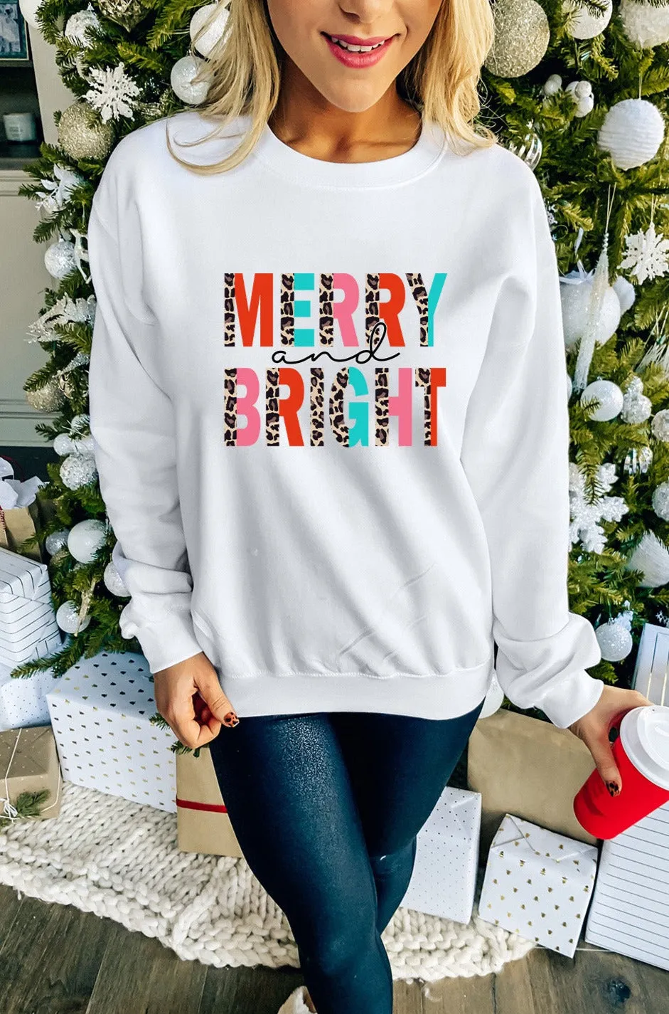 Merry Christmas Sweatshirt for Women MERRY and BRIGHT Leopard Shirt Pullover