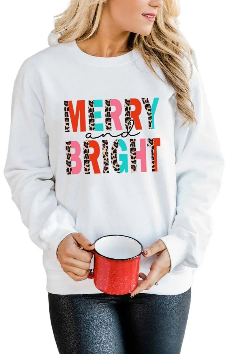 Merry Christmas Sweatshirt for Women MERRY and BRIGHT Leopard Shirt Pullover