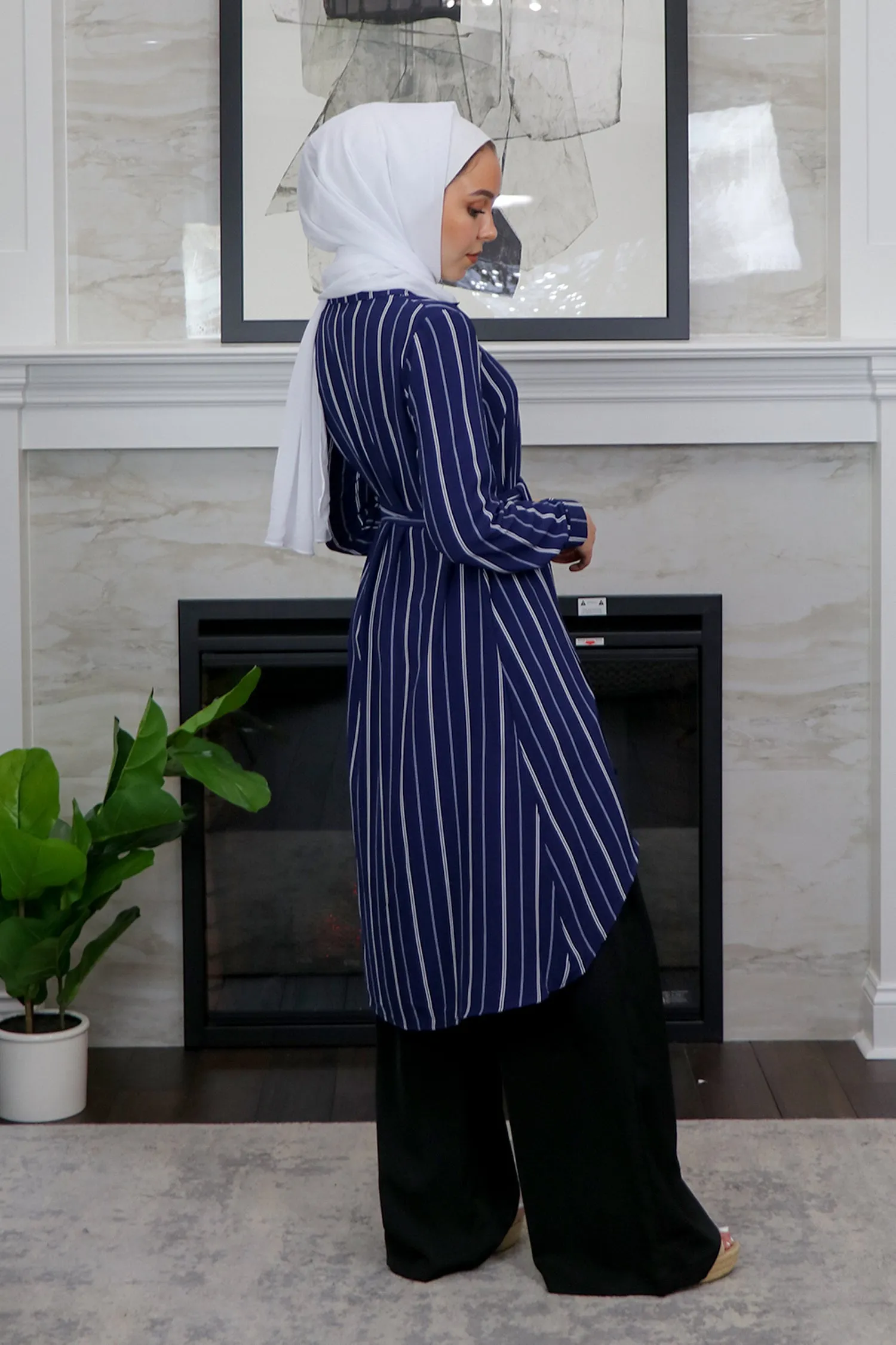 Navy Blue/ White Striped High Low Tunic