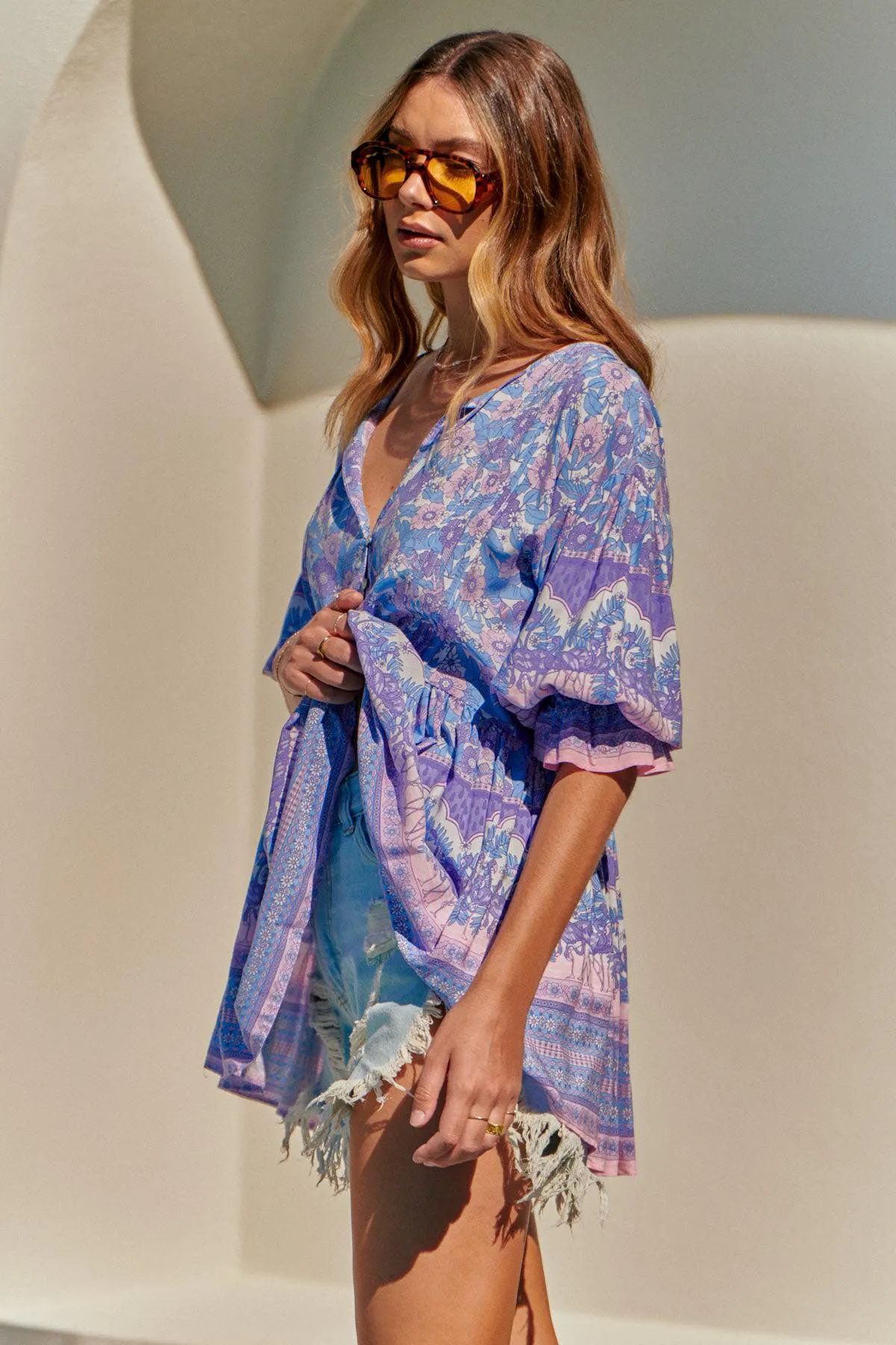 Pia Tunic Top Blue Flamingo Print