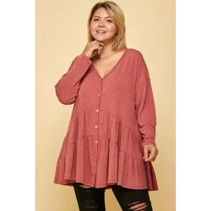 Plus Size Solid Long Sleeves Button Up Swing Tunic Top With Ruched Detail