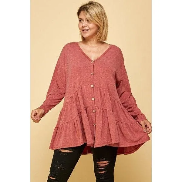 Plus Size Solid Long Sleeves Button Up Swing Tunic Top With Ruched Detail