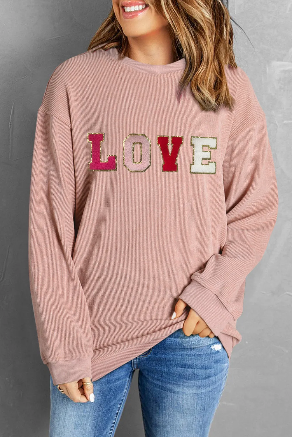 Sequin LOVE Chenille Embroidered Graphic Corded Sweatshirt