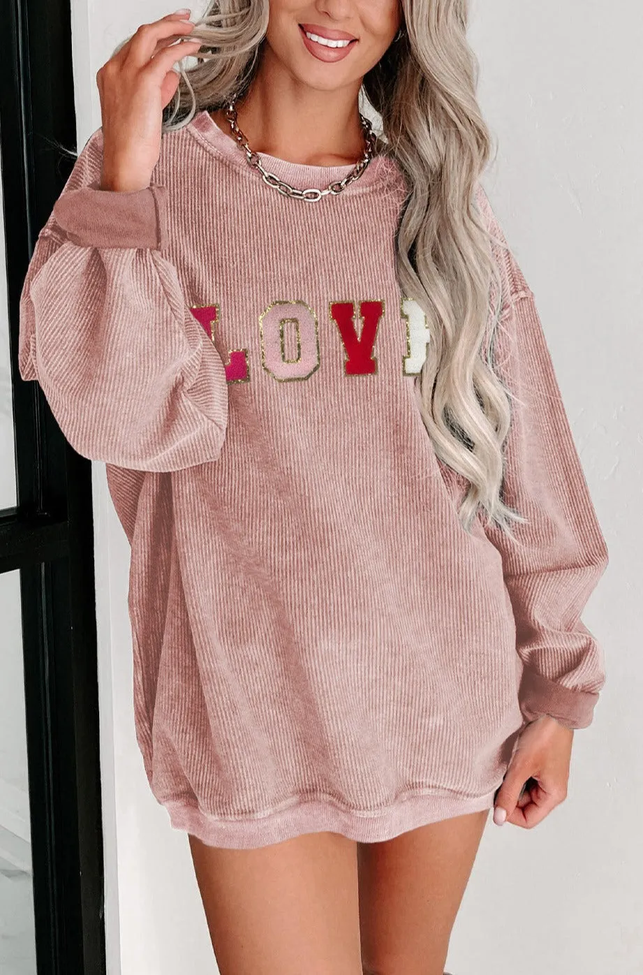 Sequin LOVE Chenille Embroidered Graphic Corded Sweatshirt