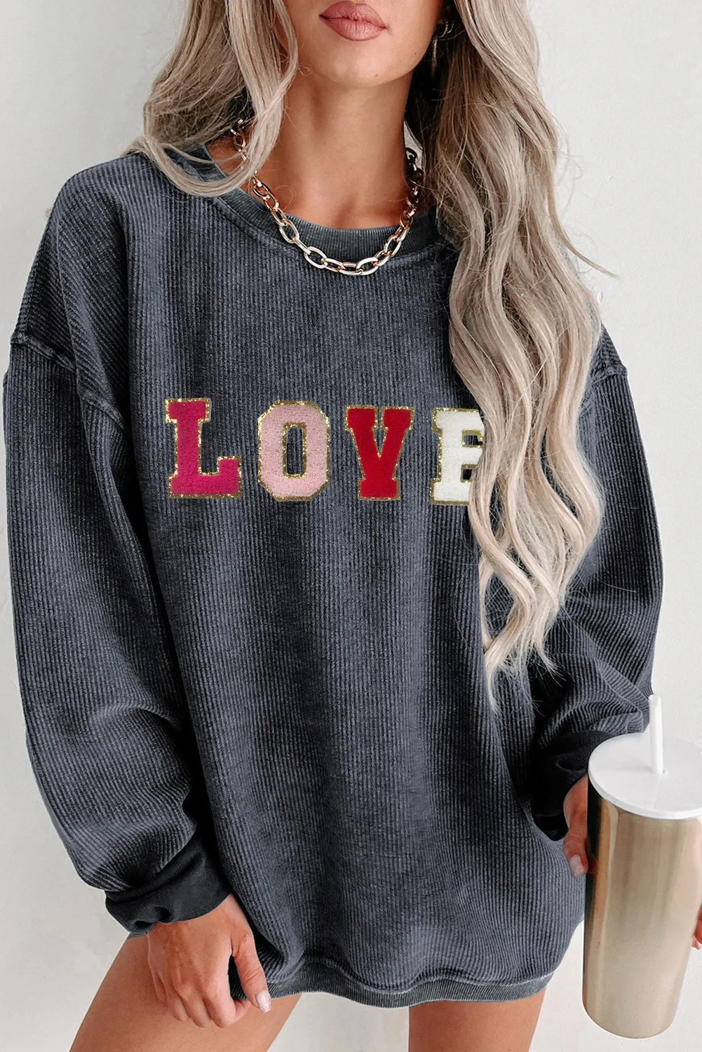 Sequin LOVE Chenille Embroidered Graphic Corded Sweatshirt