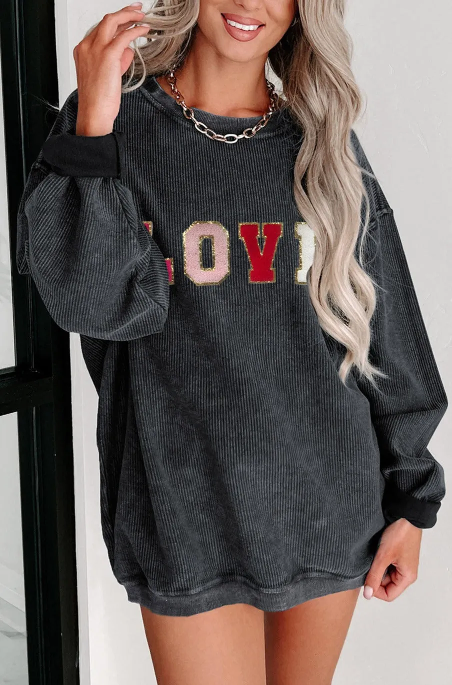 Sequin LOVE Chenille Embroidered Graphic Corded Sweatshirt