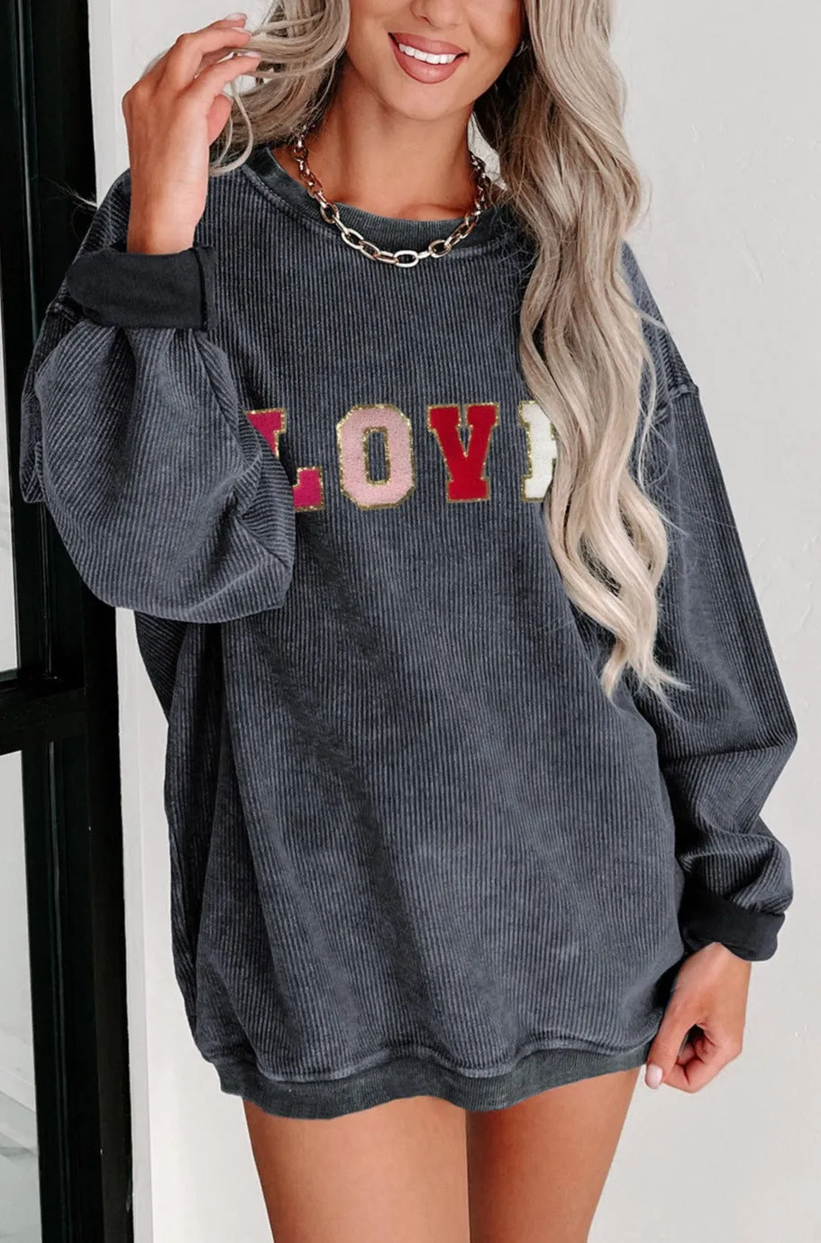 Sequin LOVE Chenille Embroidered Graphic Corded Sweatshirt