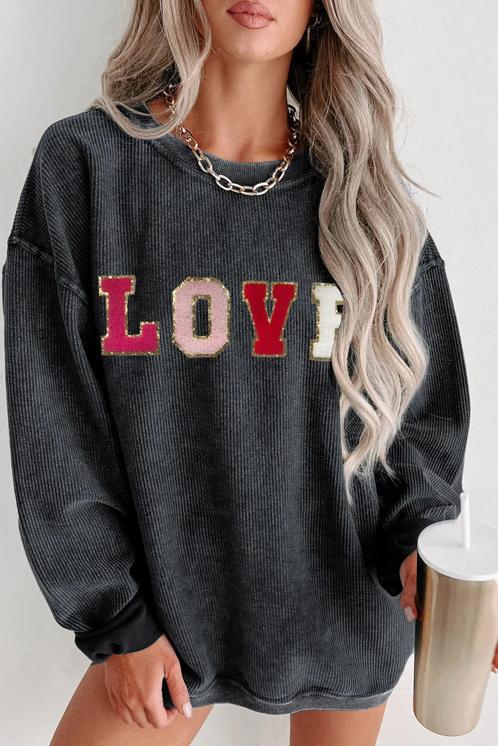 Sequin LOVE Chenille Embroidered Graphic Corded Sweatshirt