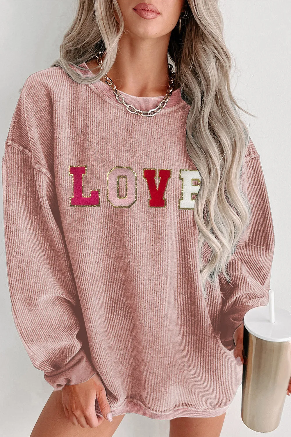 Sequin LOVE Chenille Embroidered Graphic Corded Sweatshirt